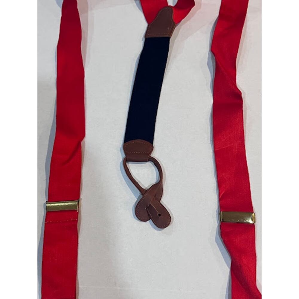 Vintage Silk Suspenders Braces Red Brown Leather Fully Expandable